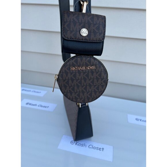 Michael Kors crossbody tech attach coin purse airpod case MK black brown - Picture 3 of 5